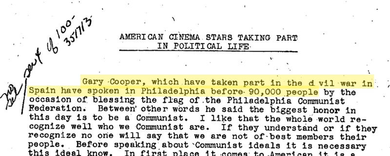 An excerpt from Gary Cooper’s FBI File, with highlighting by Gizmodo (FBI/FOIA)